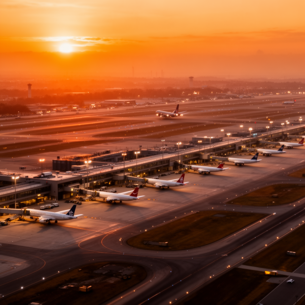 Aeroporto internazionale all'alba con aerei in partenza per la stagione autunno-inverno 2026