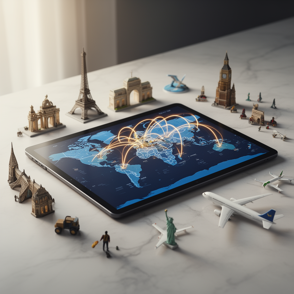 Tablet con mappa digitale di rotte europee circondato da simboli del turismo: aerei in miniatura, landmark e icone di piattaforme di viaggio su superficie in marmo.
