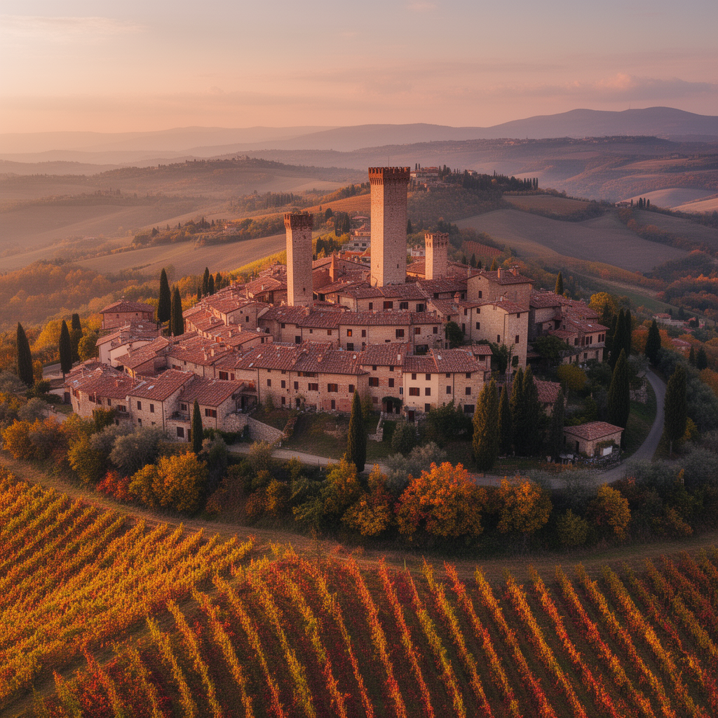 Borgo medievale italiano in autunno con vigneti e luce calda del tramonto, simbolo della destagionalizzazione del turismo 2026