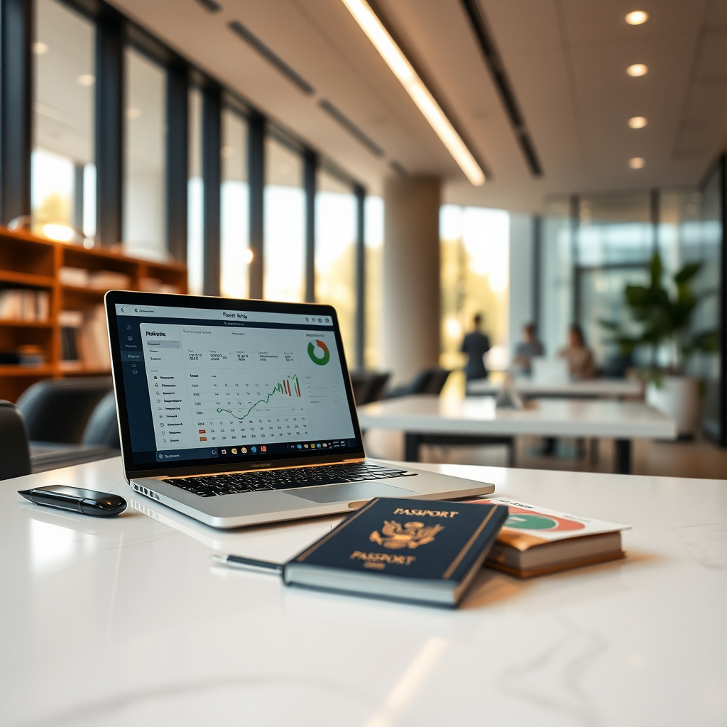 Agenzia di viaggio moderna con scrivania, laptop con grafici di prenotazione e documenti di viaggio, luce naturale, atmosfera professionale