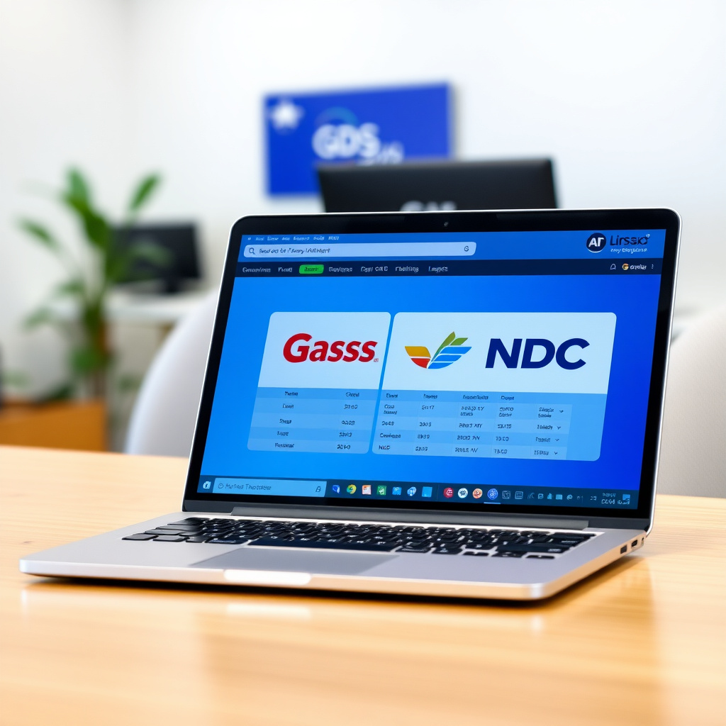 Agenzia di viaggio con laptop aperto su software di prenotazione voli NDC e GDS