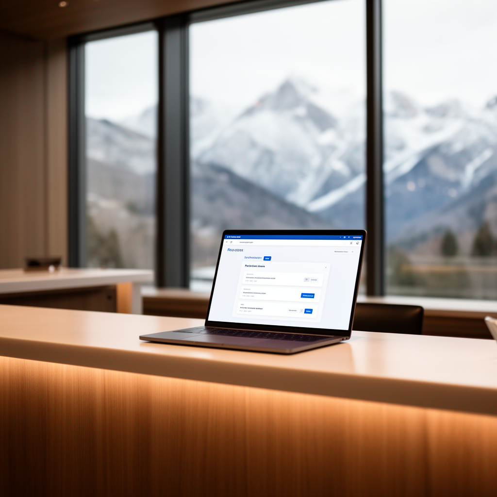 Scrivania di reception alberghiera alpina con laptop aperto che mostra un'interfaccia di sincronizzazione dati, finestre panoramiche con montagne sullo sfondo