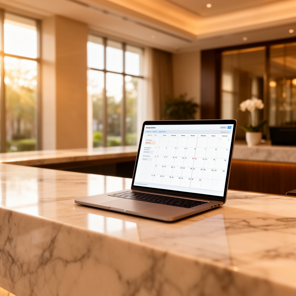 Scrivania di reception hotel con laptop che mostra un calendario di disponibilità camere, illuminazione naturale calda, interni eleganti in marmo