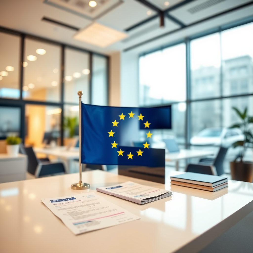 Scrivania di un'agenzia di viaggio moderna con documenti contrattuali e bandiera dell'Unione Europea, luce naturale, ambiente professionale ed elegante
