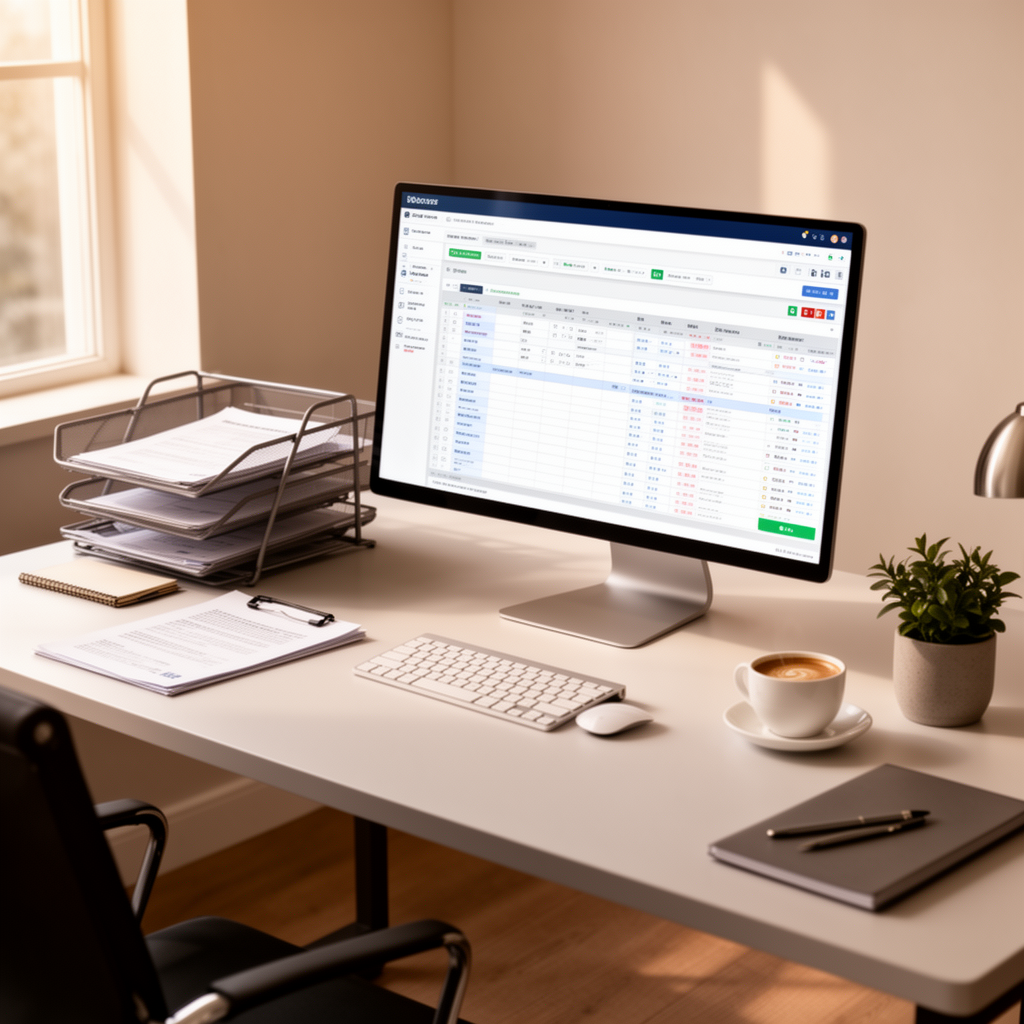 Scrivania di back office in un'agenzia di viaggio moderna con monitor, documenti organizzati e luce naturale — gestione amministrativa pratica