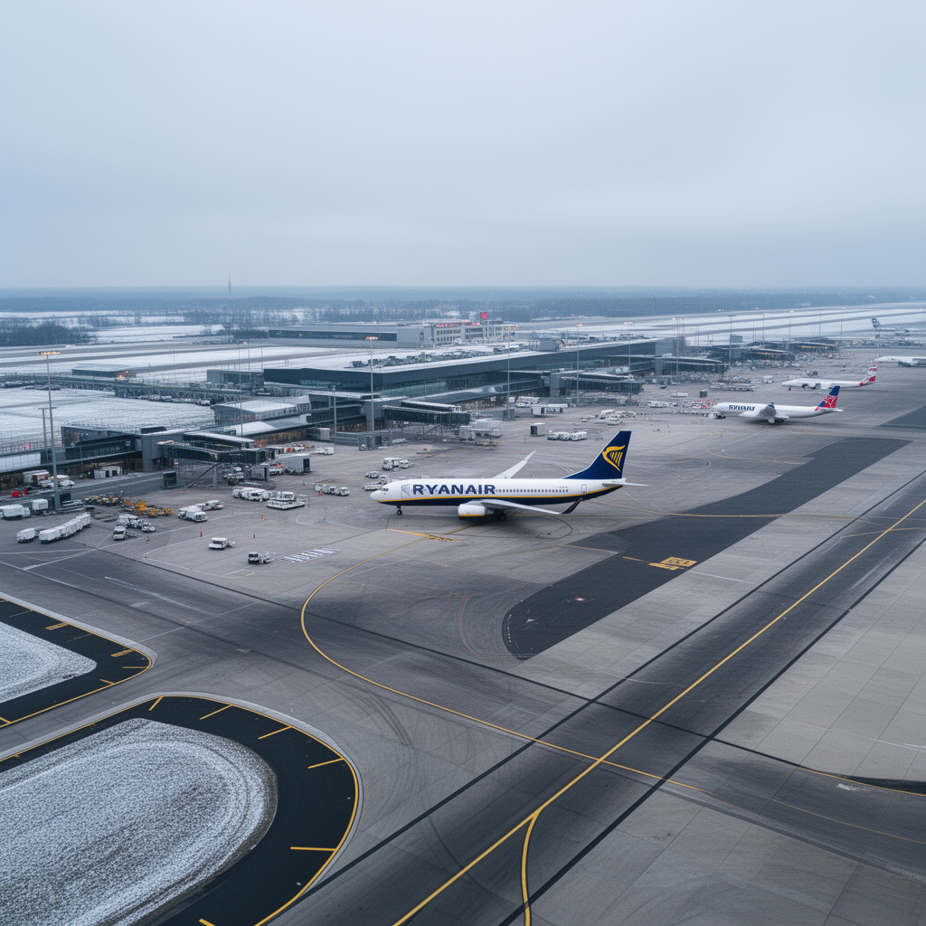 Aeroporto di Berlino Brandeburgo con un aereo Ryanair in pista