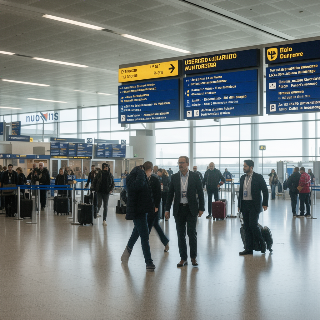 Passeggeri in aeroporto con cartelli informativi sui diritti dei passeggeri aerei secondo il Regolamento UE 2026/2202