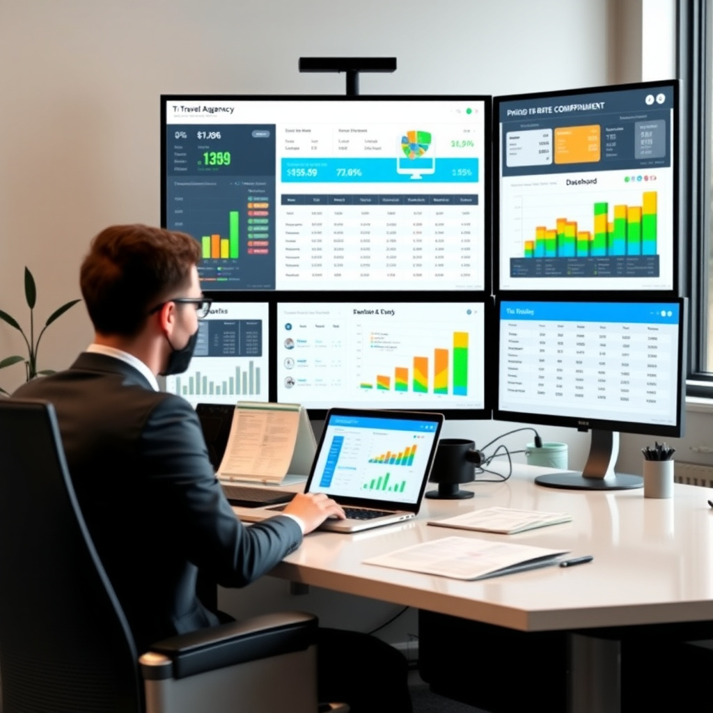 Scrivania di un operatore di agenzia viaggi con monitor che mostra dashboard di pricing dinamico e gestione tariffaria, ambiente professionale e moderno