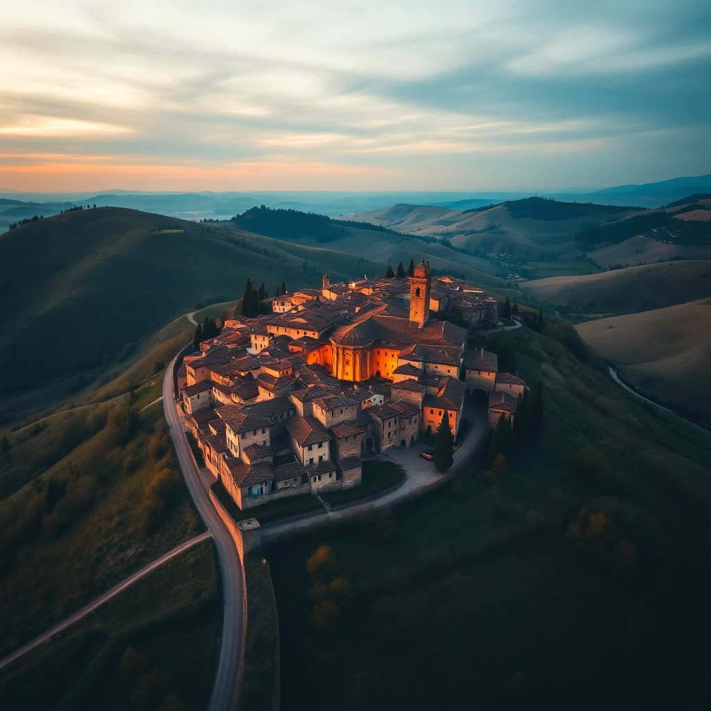Borgo medievale italiano sulle colline toscane circondato da vigneti e oliveti
