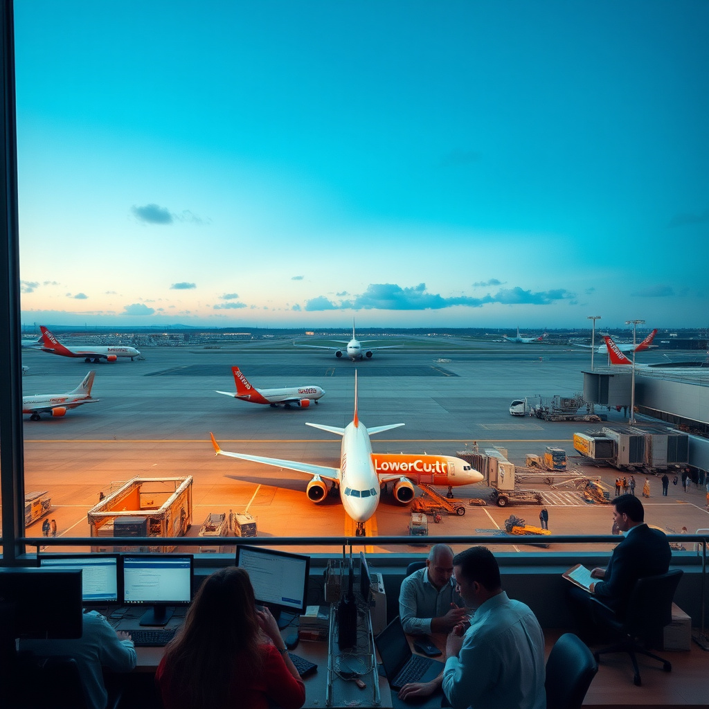 Aeroporto europeo con aerei low-cost e agenti di viaggio al lavoro