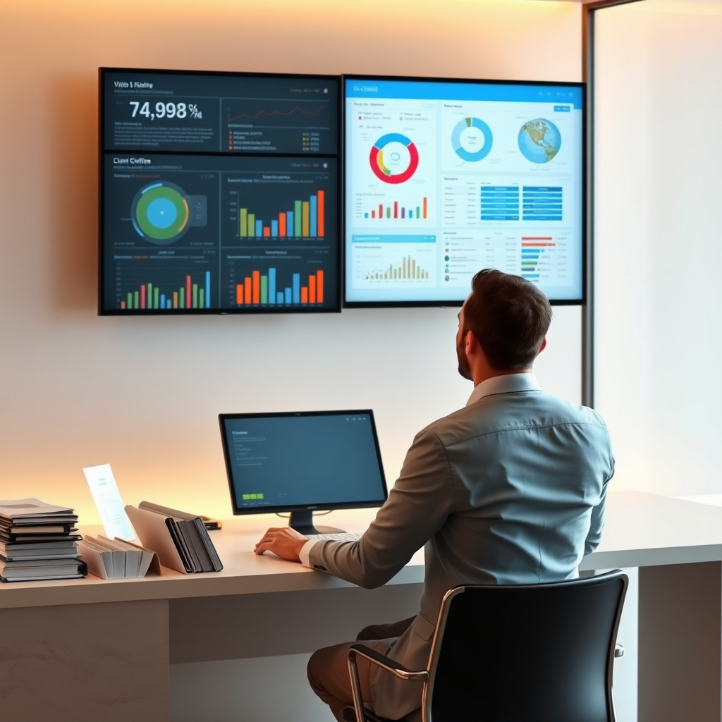 Consulente di agenzia viaggio analizza segmentazione portafoglio clienti su monitor con grafici e profili strutturati