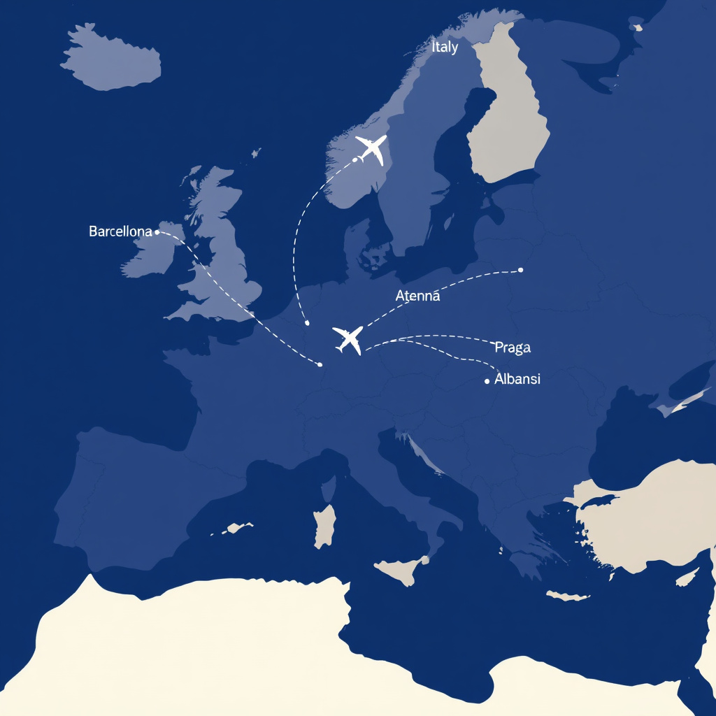 Mappa delle destinazioni europee breve raggio raggiungibili dall'Italia, con principali rotte aeree evidenziate