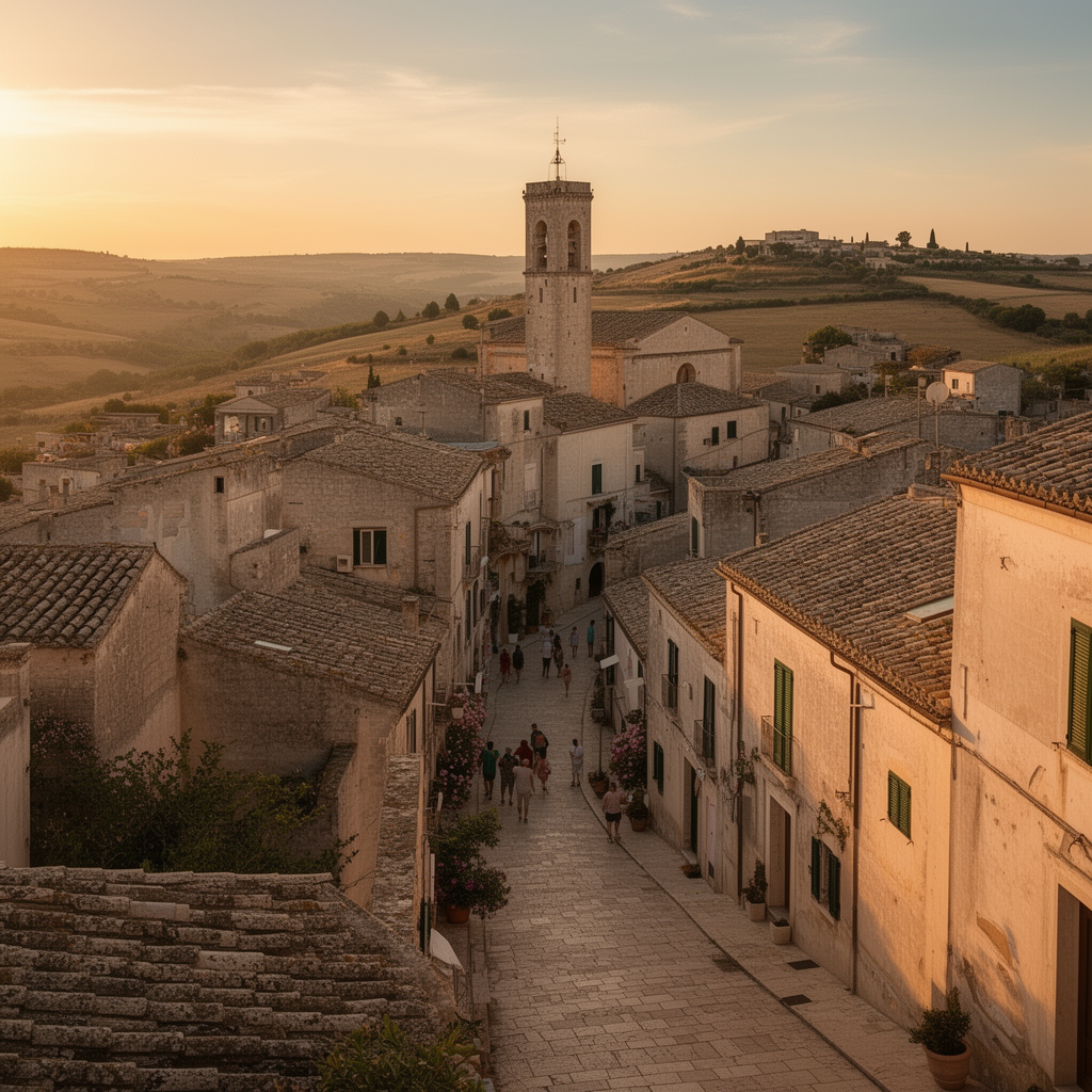 Borgo storico italiano al tramonto, simbolo del turismo culturale nelle destinazioni emergenti del Sud Italia