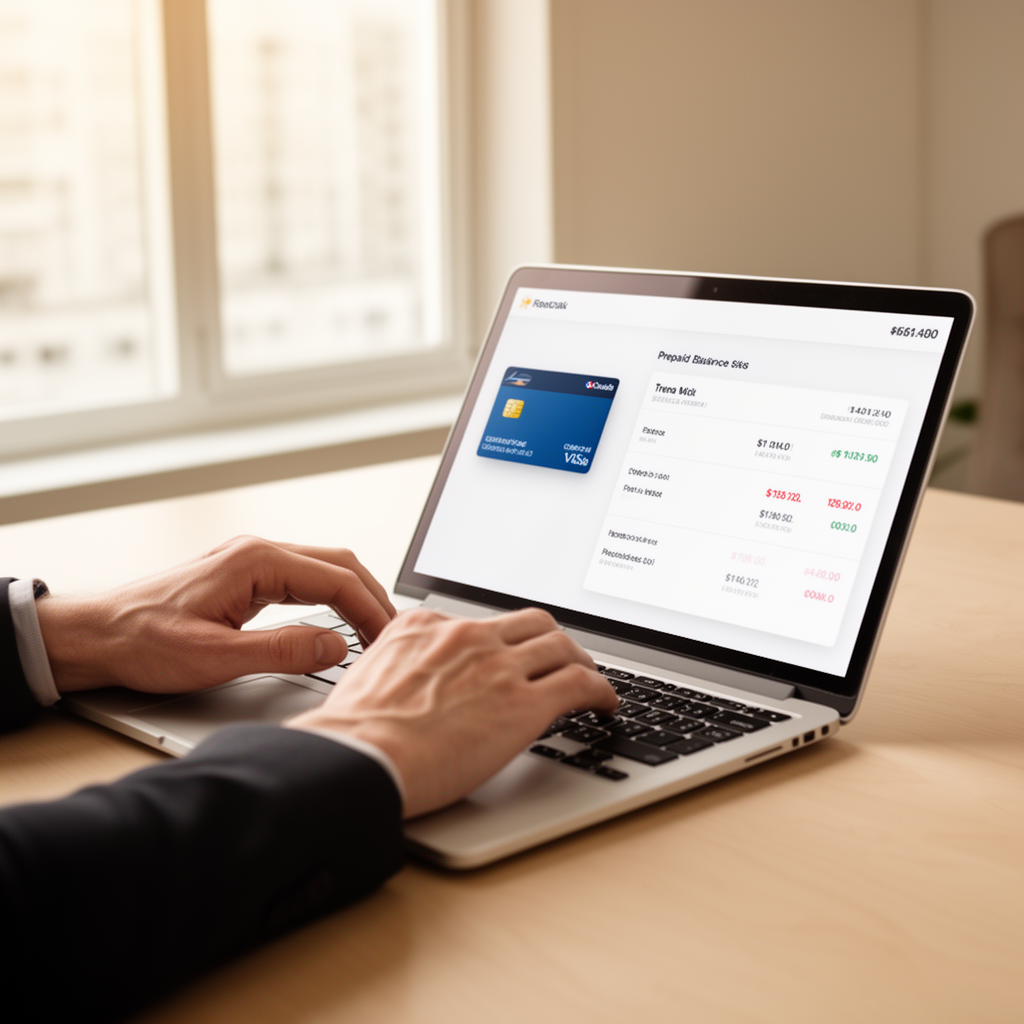 Operatore di agenzia viaggi che consulta il saldo del credito prepagato su laptop in un ufficio moderno con luce naturale