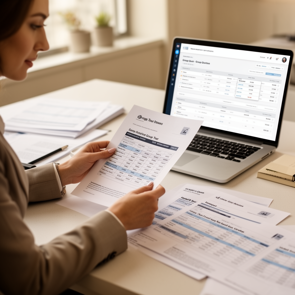 Agente di viaggio che analizza preventivi di gruppo con documenti e software di quotazione su scrivania moderna in ufficio luminoso