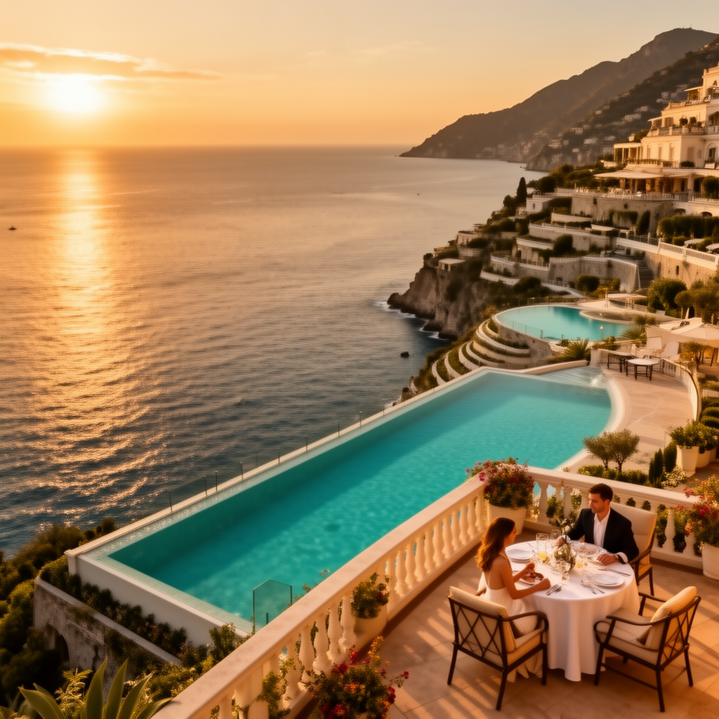 Hotel di lusso a cinque stelle sulla Costiera Amalfitana con piscina a sfioro sul mare, simbolo del turismo premium in Italia nel 2026
