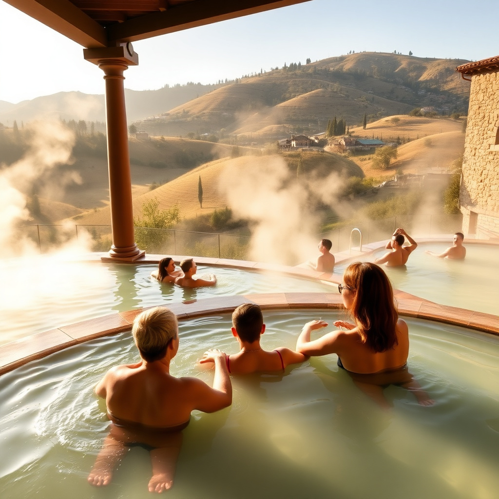 Stabilimento termale italiano con piscine all'aperto e colline sullo sfondo