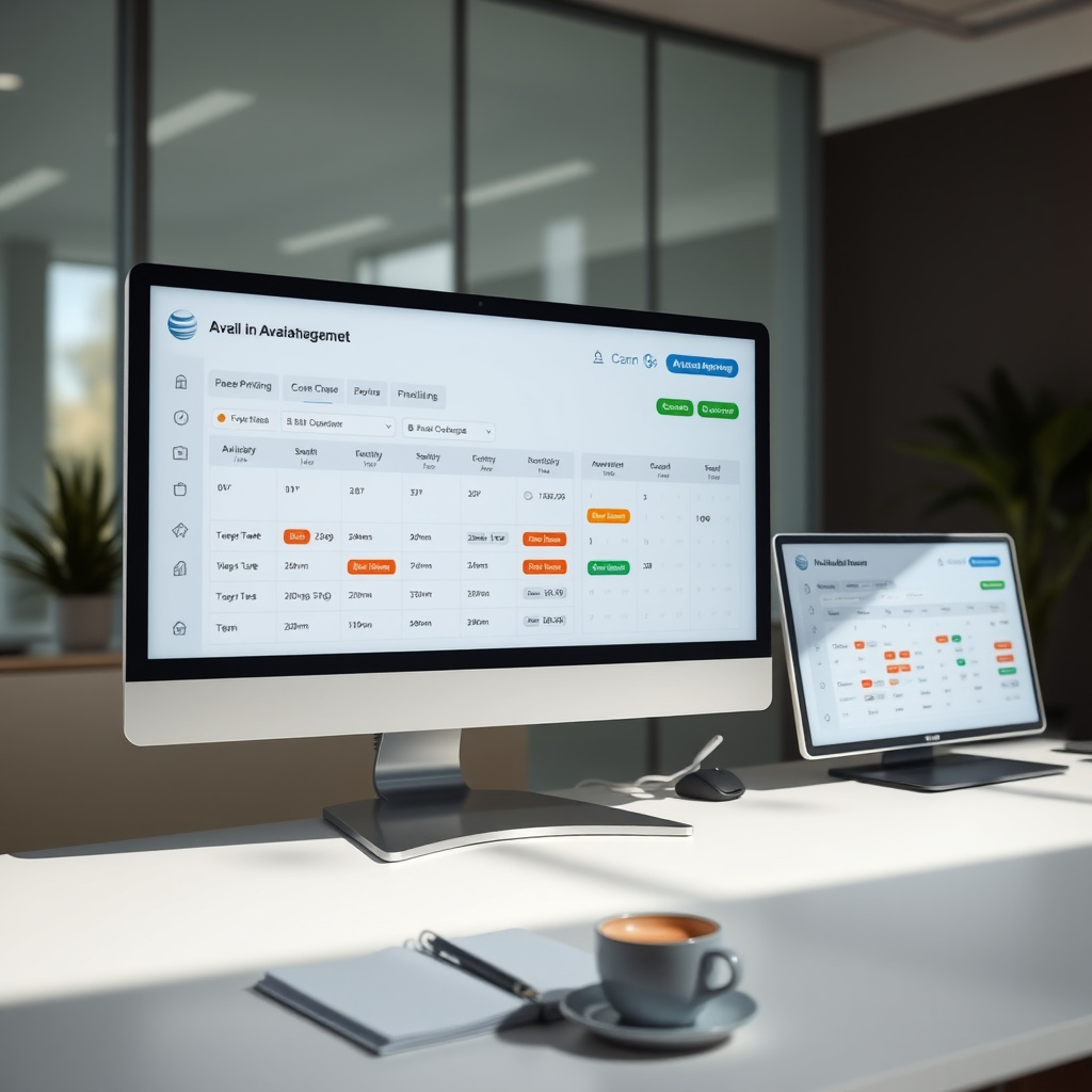 Schermo di gestione disponibilità e listini in un'agenzia viaggi moderna, con griglia calendario e indicatori colorati di stop sale per pacchetti e servizi