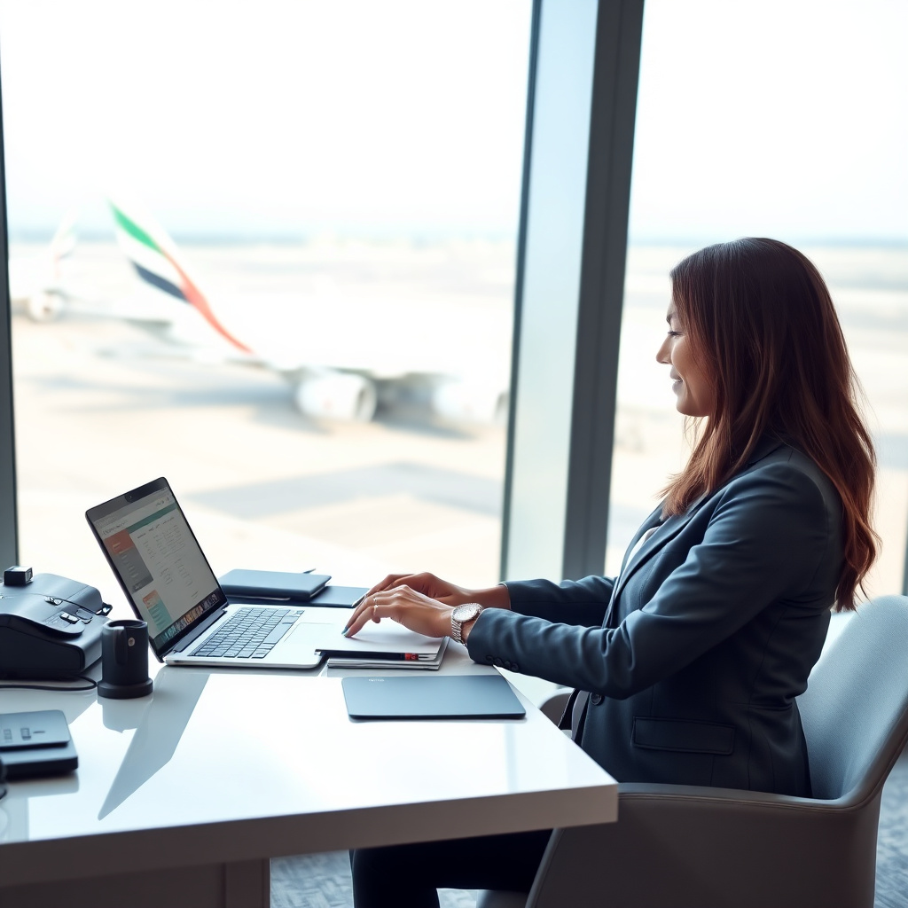 Agente di viaggio che analizza dati di prenotazione Emirates su un laptop in un contesto professionale B2B