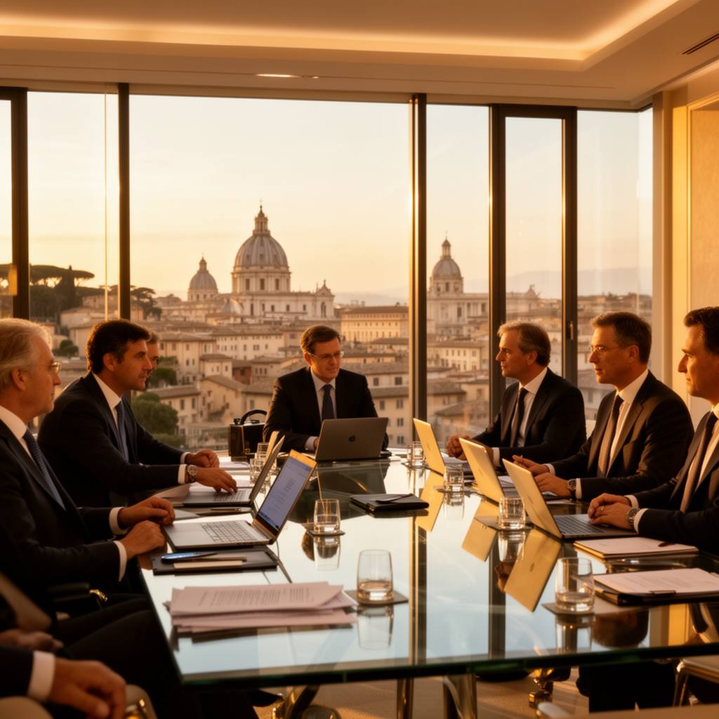 Sala conferenze moderna con vista su skyline italiano, manager in riunione d'affari: business travel e MICE in Italia nel 2026