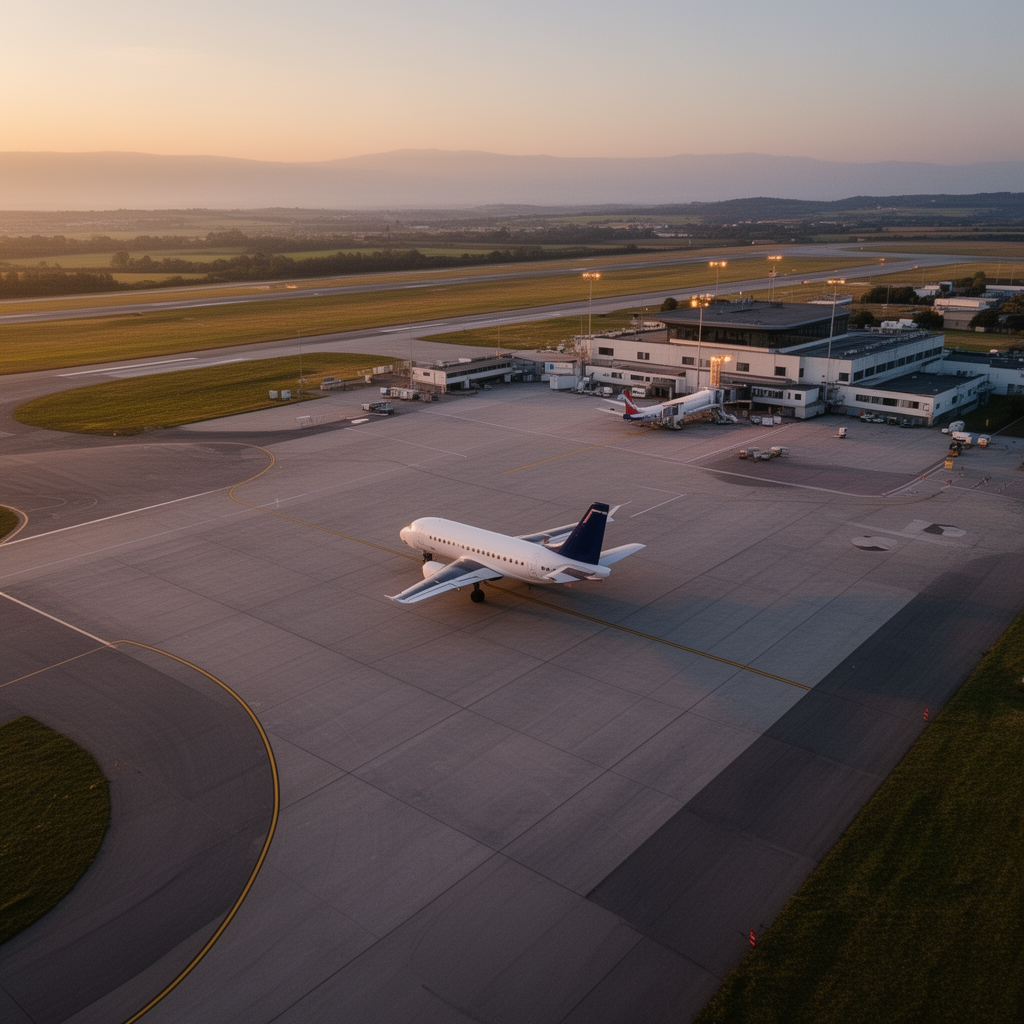 Aeroporto regionale europeo con un aeromobile in pista al tramonto, rappresentazione visiva del ridimensionamento delle rotte verso destinazioni minori
