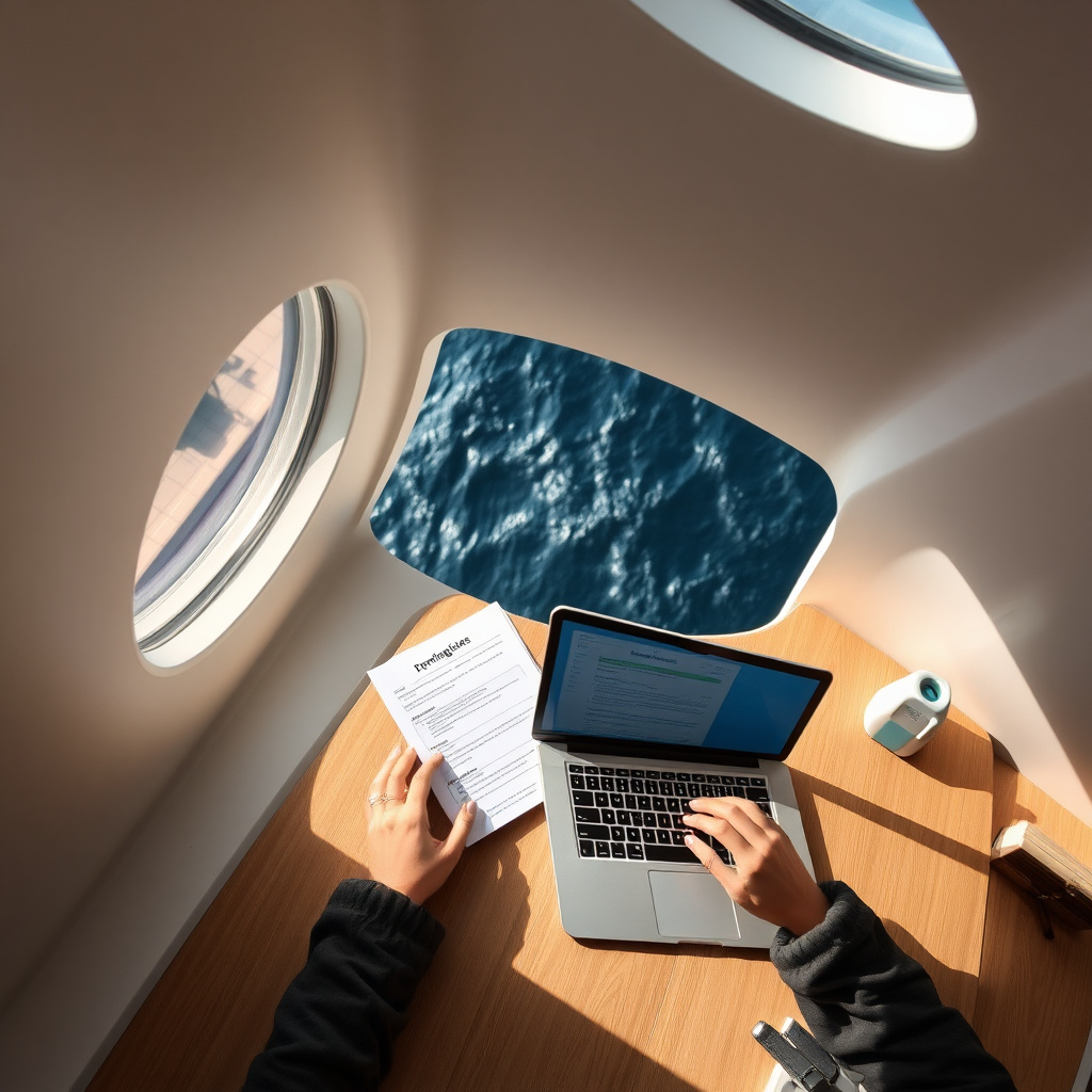 Gestione pratica crociera in agenzia di viaggio: documenti, tariffari e software gestionale su scrivania professionale