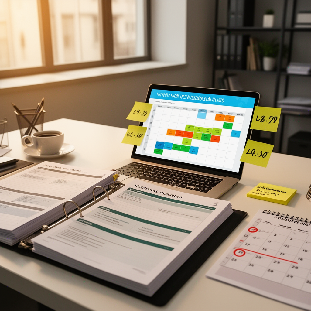 Scrivania di back-office agenzia di viaggio con planner stagionale, laptop con griglia disponibilità allotment e calendario con scadenze evidenziate