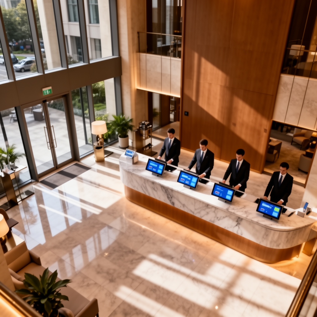 Hall di un hotel europeo moderno con luce naturale, reception professionale e schermi digitali integrati al banco, fotografia editoriale