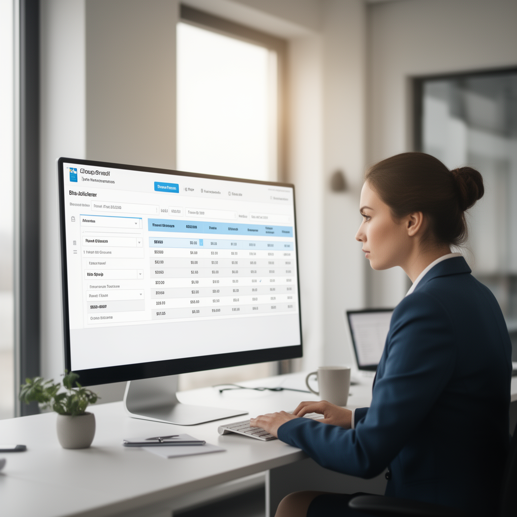 Operatore di agenzia viaggio che configura listini gruppo su schermo con dati tariffari e scaglioni pax in un ufficio moderno