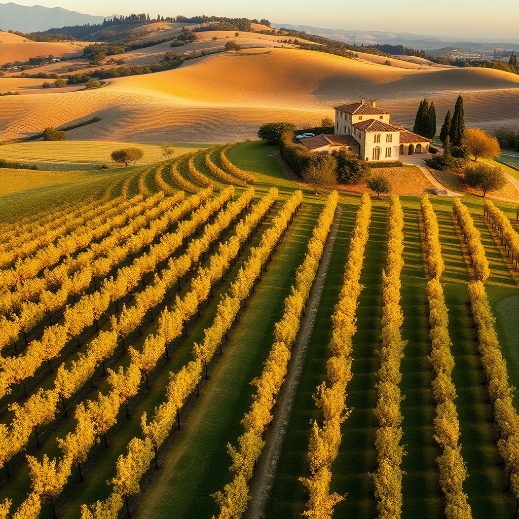 Vigneto toscano in autunno con colline e casolare in pietra sullo sfondo