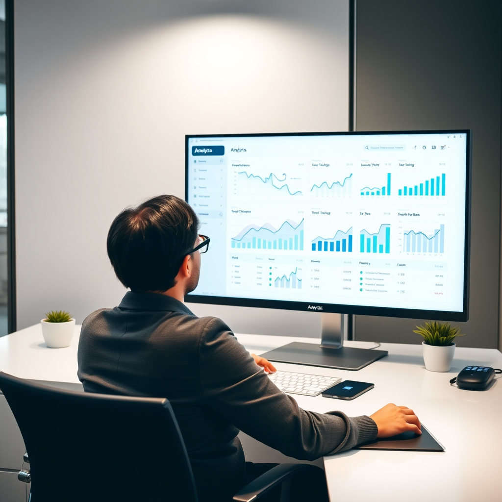 Agente di viaggio che analizza una dashboard di statistiche su monitor in un ufficio moderno e luminoso