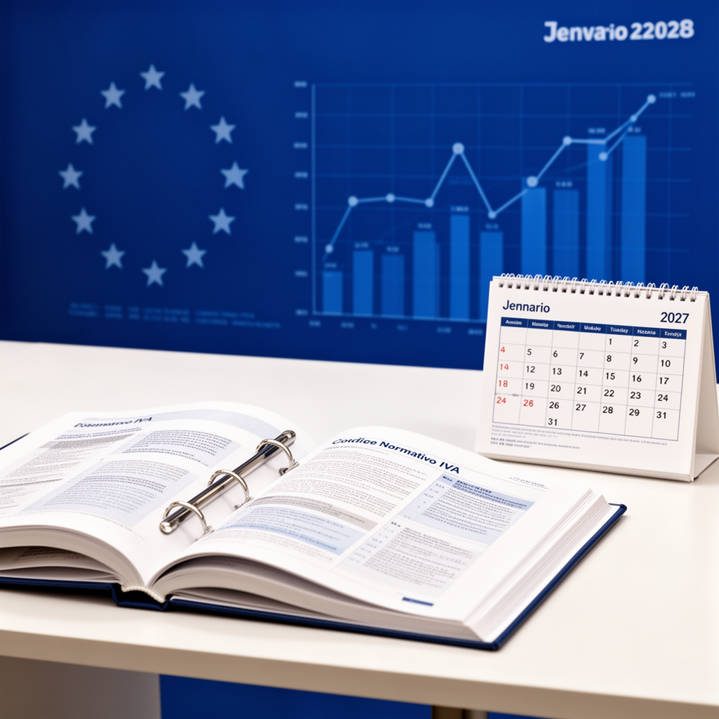 Scrivania con testi normativi IVA e calendario 2027, simbolo del regime fiscale 74-ter per agenzie di viaggio