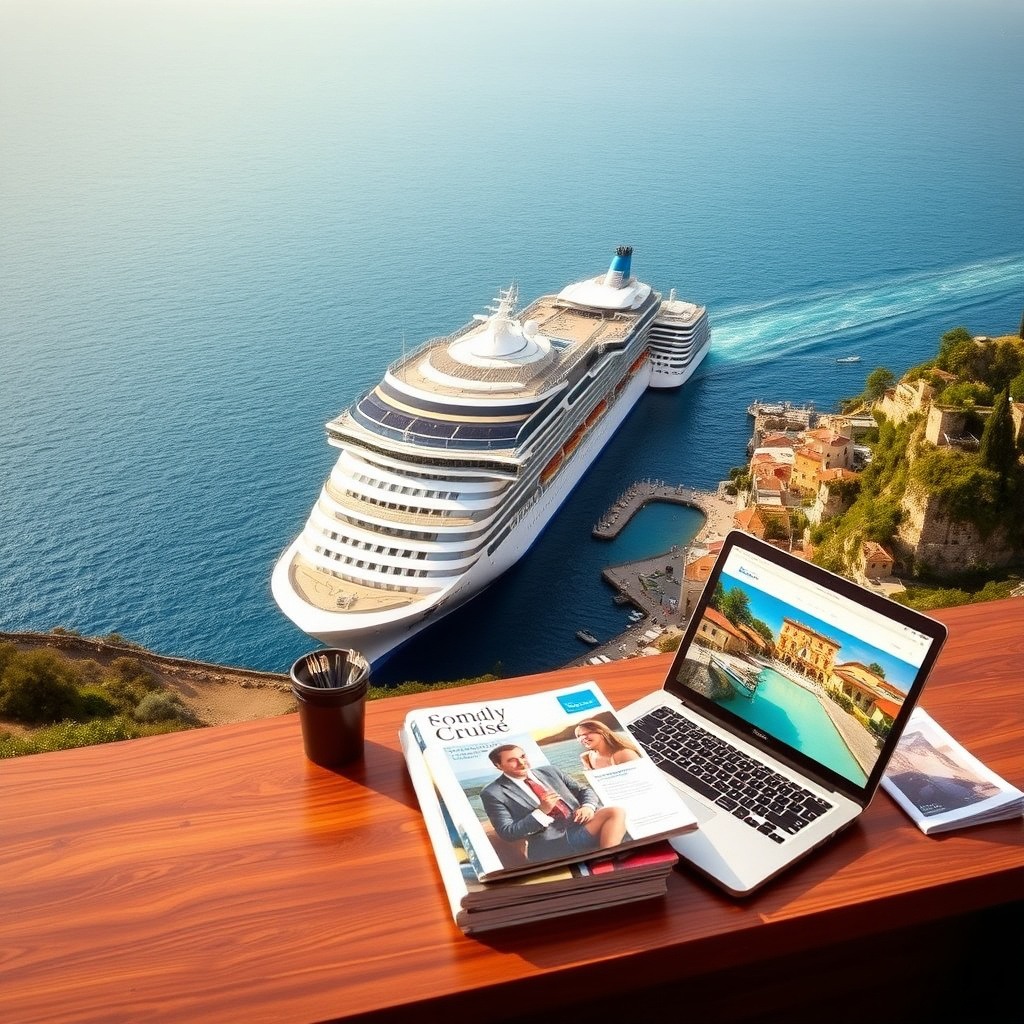 Nave da crociera nel Mediterraneo e scrivania di agenzia di viaggi con brochure e laptop