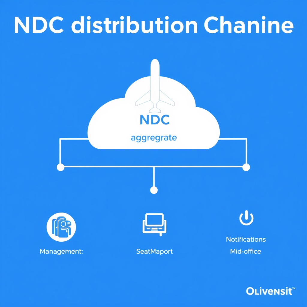 Schema della catena distributiva NDC: vettore, aggregatore e agenzia di viaggio collegati tramite API NDC con i flussi Order Management