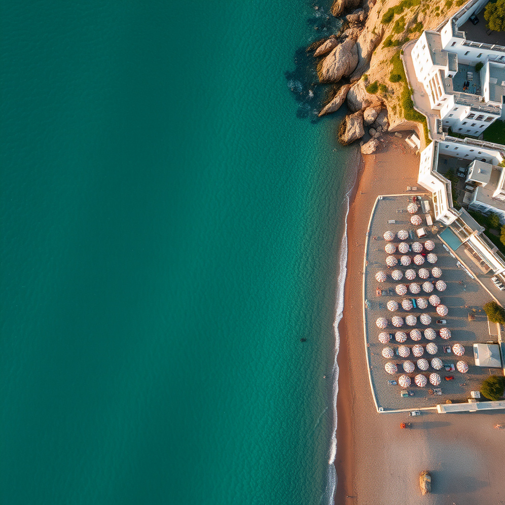 Costa italiana affollata in estate 2026 con ombrelloni colorati, mare turchese e borghi sul promontorio sullo sfondo