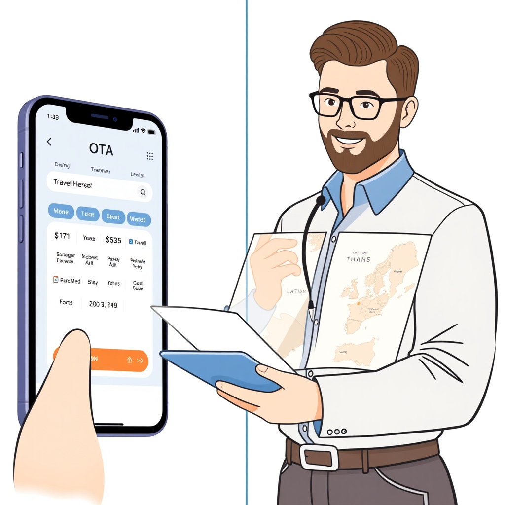 Confronto visivo tra prenotazione OTA su smartphone e consulenza di un agente di viaggio professionale con cliente