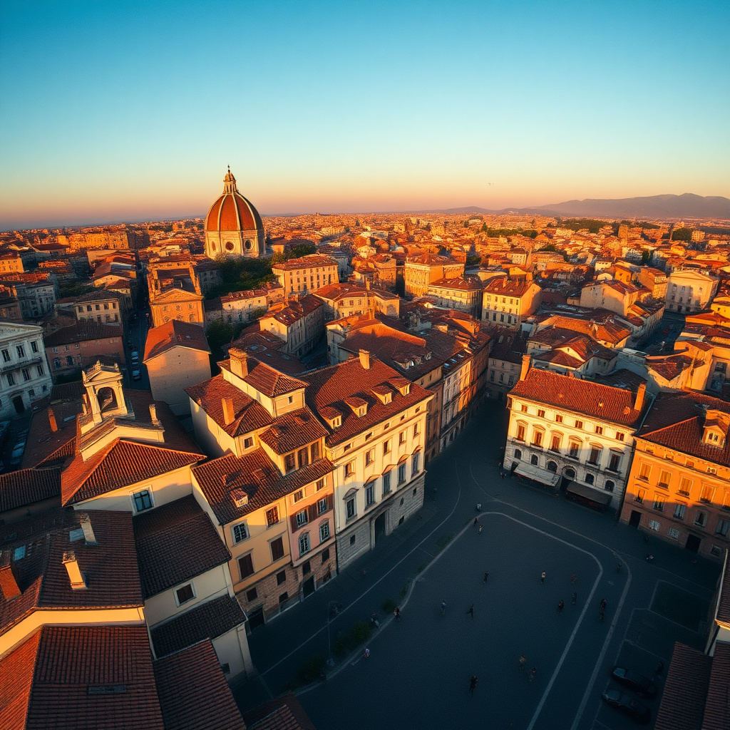 Vista aerea di una città d'arte italiana con tetti in terracotta, monumenti storici e piazze in pietra nella luce del pomeriggio