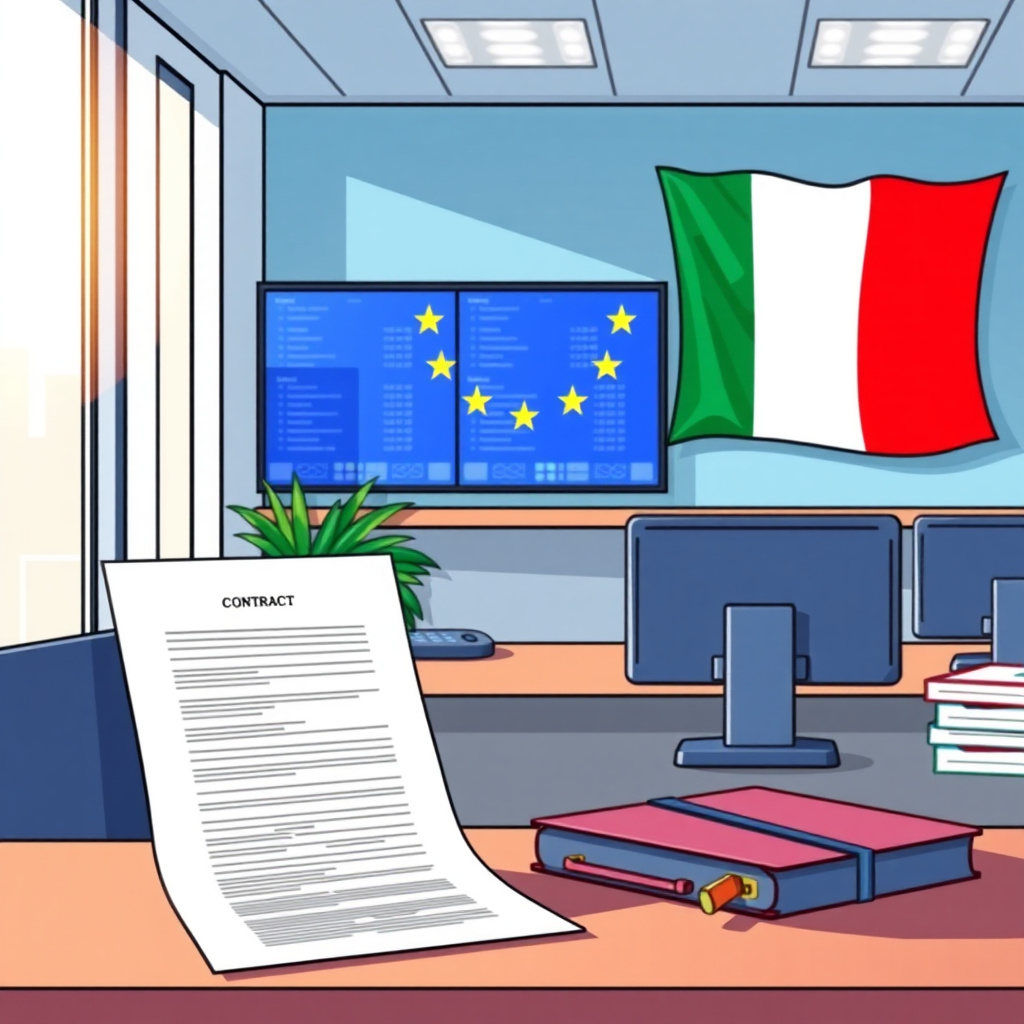 Agenzia di viaggio con documenti contrattuali e schermi di prenotazione digitale, simbolo della conformità normativa sui pacchetti turistici