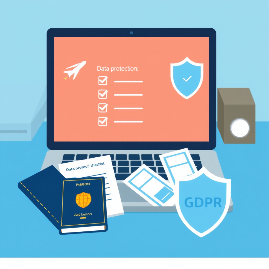 Illustrazione di scrivania di agenzia di viaggio con checklist GDPR e icona di protezione dati