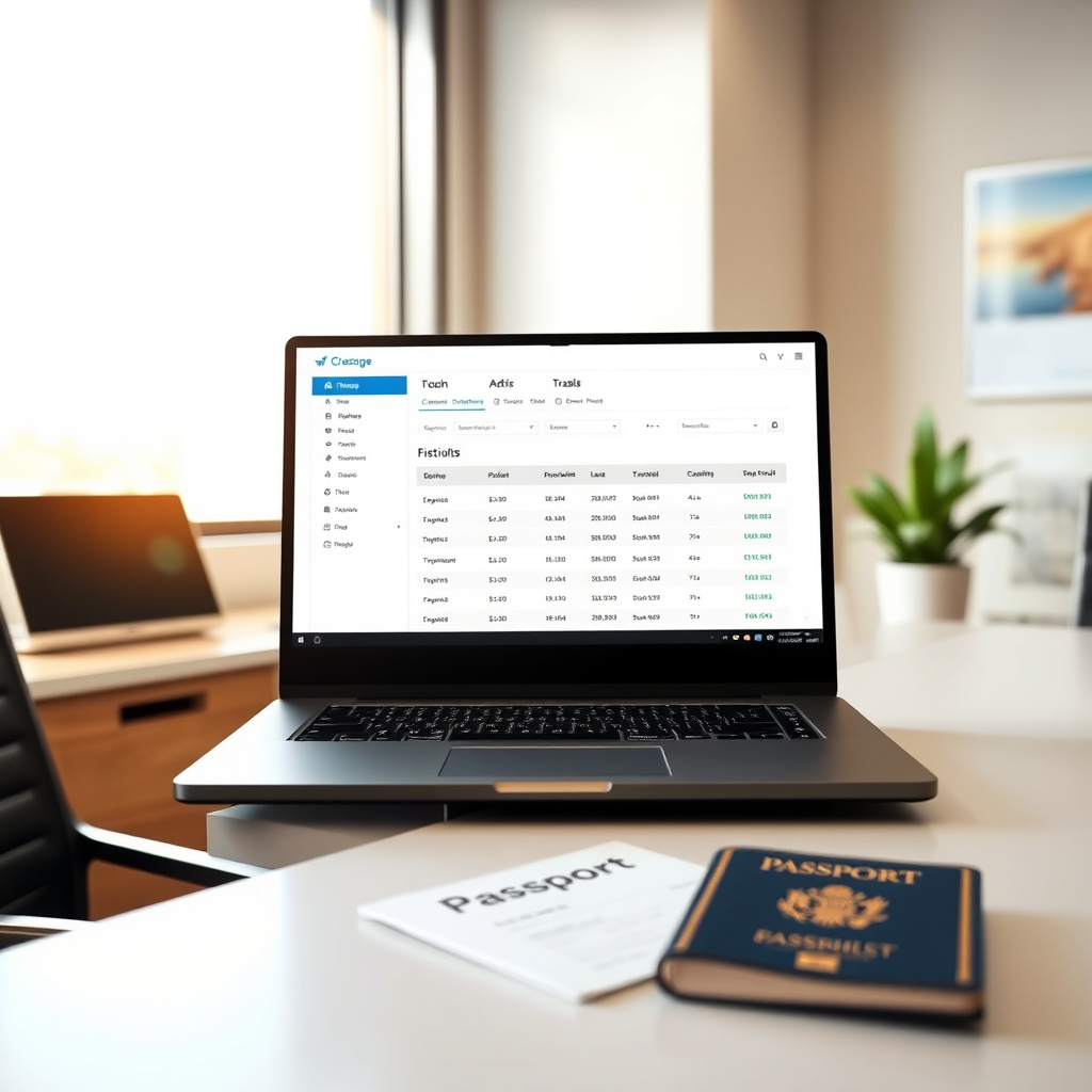 Scrivania di agenzia di viaggio con laptop, passaporto e documenti di prenotazione in un ambiente professionale e ordinato