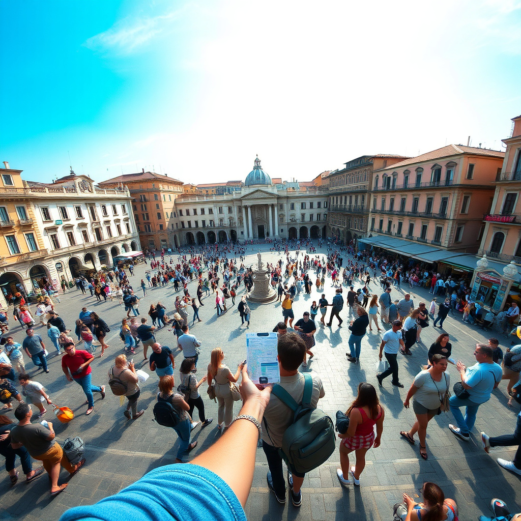 Turisti internazionali in una piazza storica italiana nel 2025
