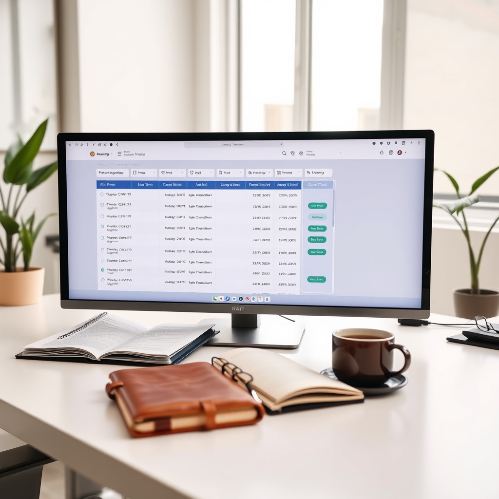 Scrivania di un operatore di agenzia viaggi con monitor che mostra una schermata di gestione prenotazione multi-servizio, documenti stampati e notebook.