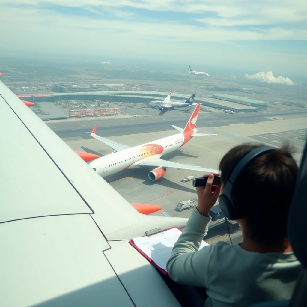 Agente di viaggio che gestisce una pratica in back office con voli low-cost sullo sfondo