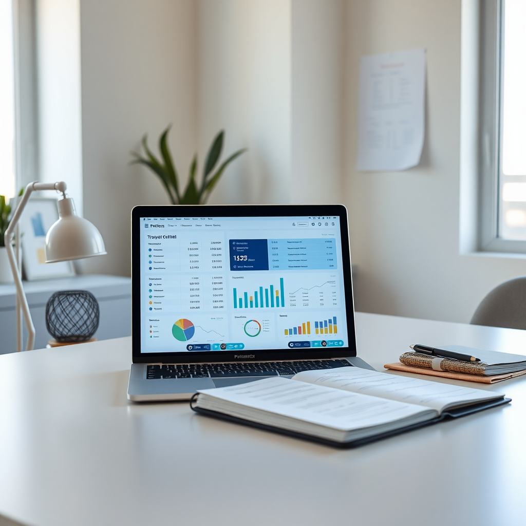 Scrivania di back-office di un'agenzia di viaggio con laptop aperto su un dashboard finanziario con scadenze di pagamento e grafici di flusso di cassa