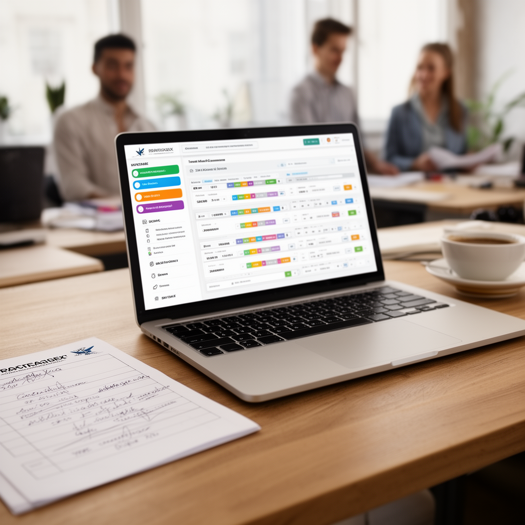 Operatore di agenzia di viaggio al desk con dashboard gestionale aperta e checklist delle pratiche in sospeso sul piano di lavoro