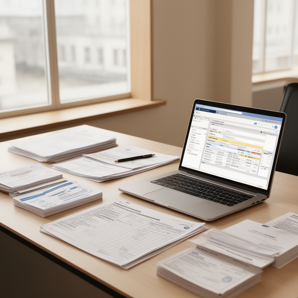 Scrivania di back office di un'agenzia di viaggio con laptop, voucher e documenti di prenotazione organizzati in modo professionale