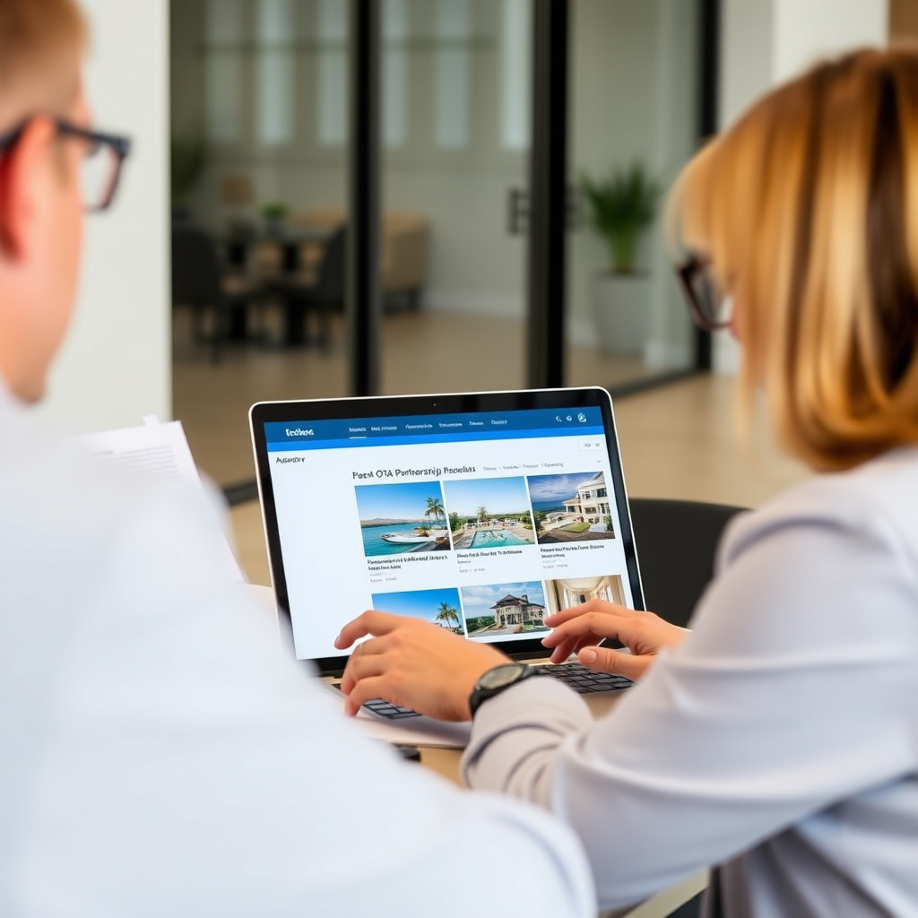 Agente di viaggio che analizza accordi Expedia Partner Solutions su laptop in ufficio moderno