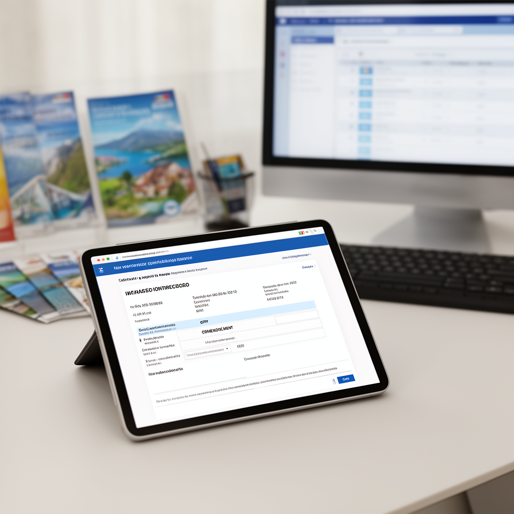 Tablet con contratto turistico digitale e firma OTP su scrivania di agenzia di viaggio