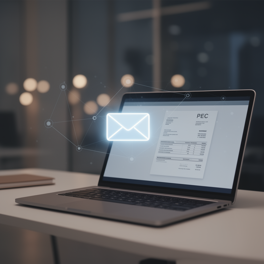 Laptop con interfaccia di fattura elettronica e icona di recapito via PEC, in un ambiente ufficio moderno ed elegante.