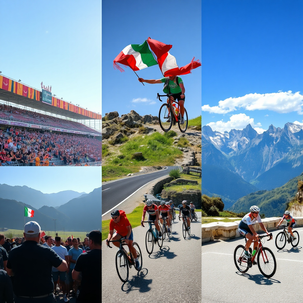 Collage di scene di turismo sportivo in Italia: tifosi allo stadio, ciclisti in montagna e atleti in gara